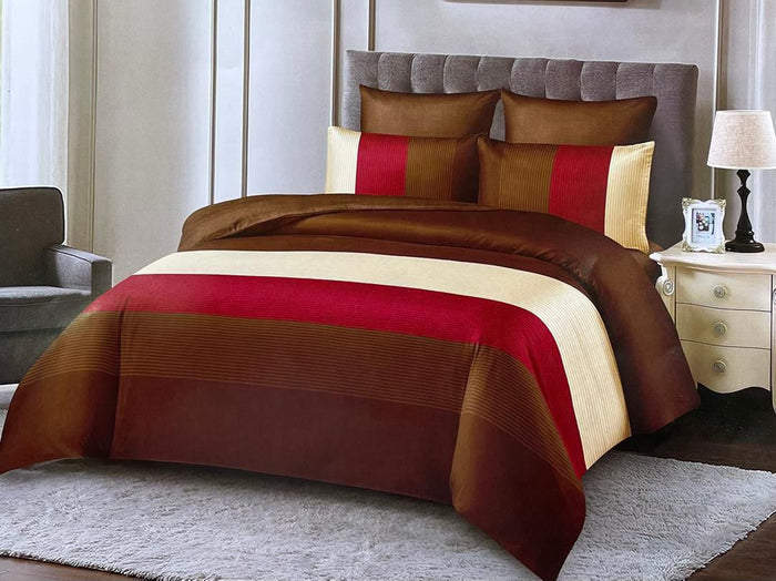 6x6 Brown, Red & Cream Striped Duvet Set – 4pc Bedding Set