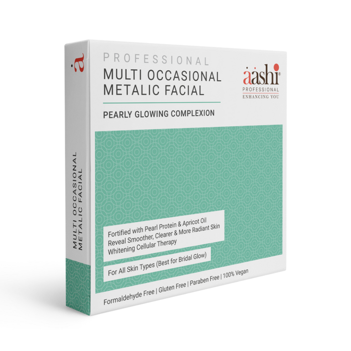 Aashi Multi Occasional Metallic Facial kit showcasing a glowing complexion treatment, featuring key ingredients like Pearl Protein and Apricot Oil, perfect for rejuvenating dull skin.