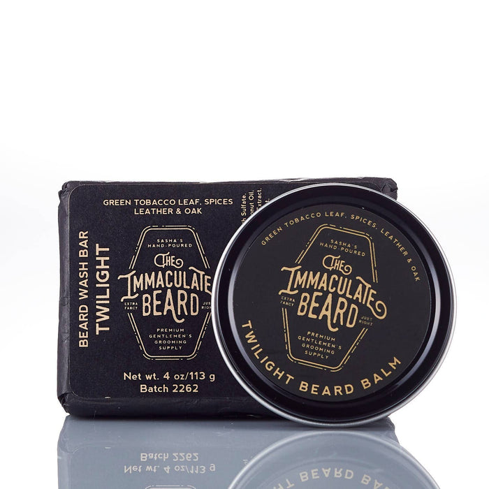 The Immaculate Beard Twilight Beard Oil bottle with dark amber color and dropper cap, designed for grooming beards.