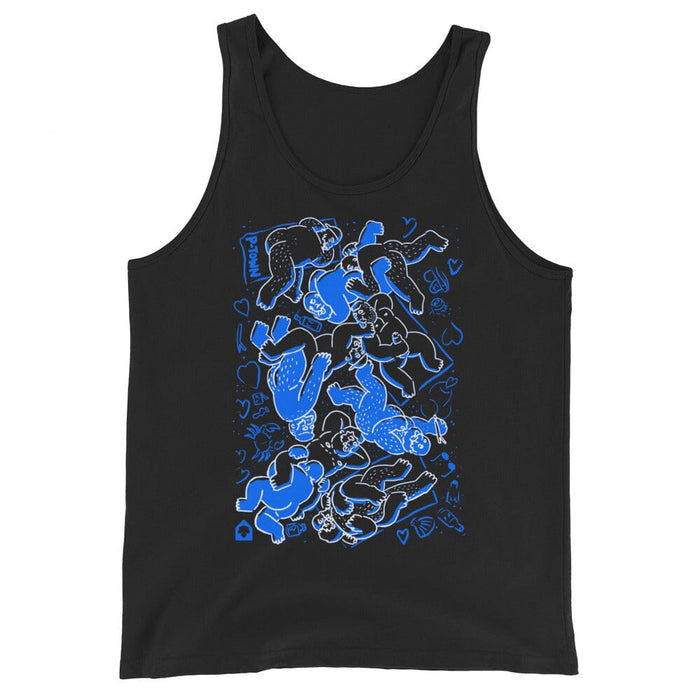 Black tank top with blue graphic design on a white background
