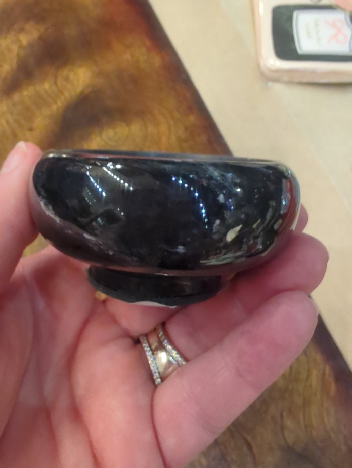 Black marble salt dish by A Sparkling Mess, elegant round dish with smooth veined black marble surface for salt or spices.