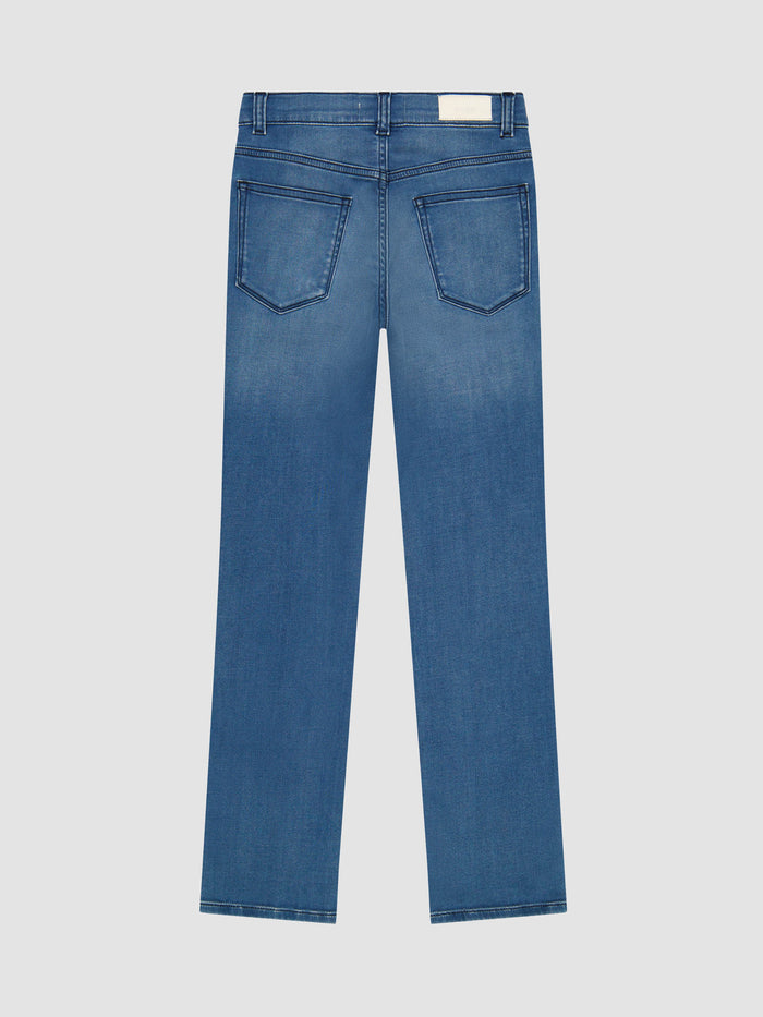 DL1961 boys' Brady Slim jeans in medium blue knit denim 'Mohonk', flat back view.