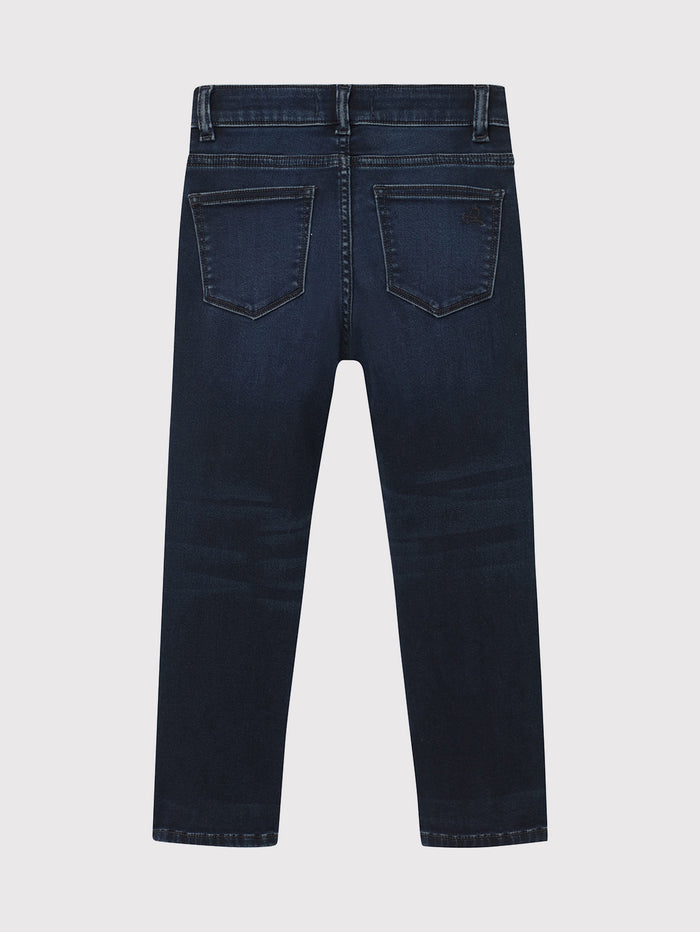 DL1961 boys' Brady Slim jeans in dark indigo blue 'Risk', flat front view.