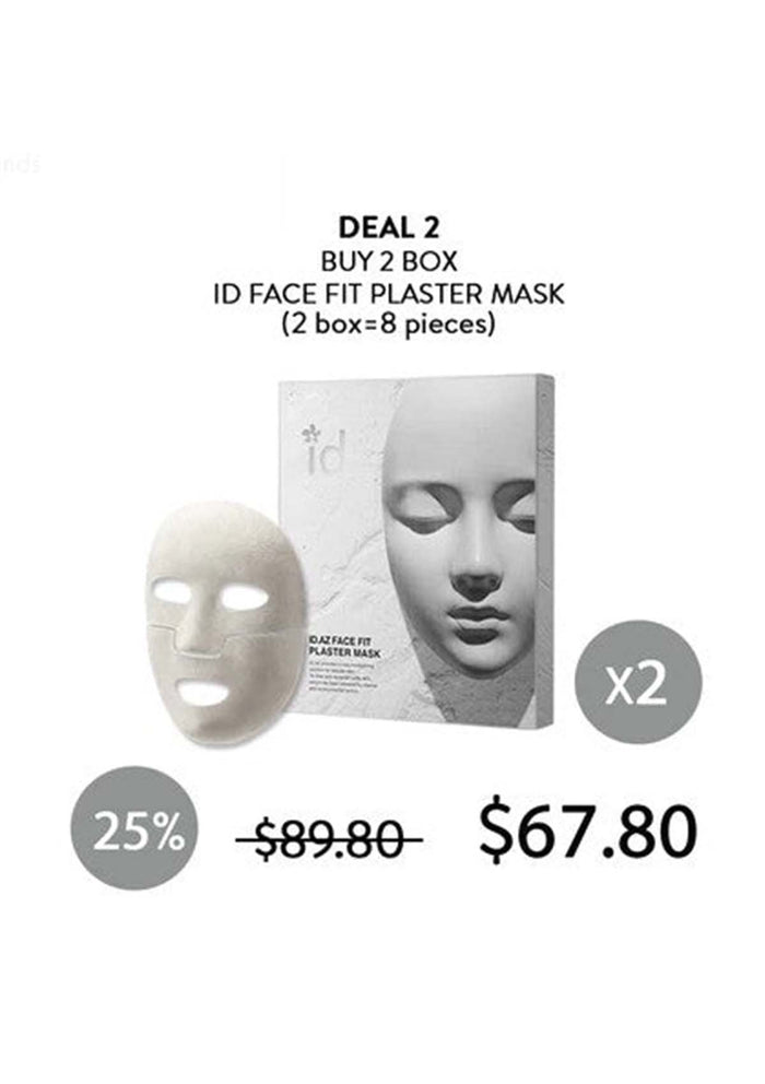 Promotional offer for ID Face Fit Plaster Mask with packaging and mask displayed on a white background.