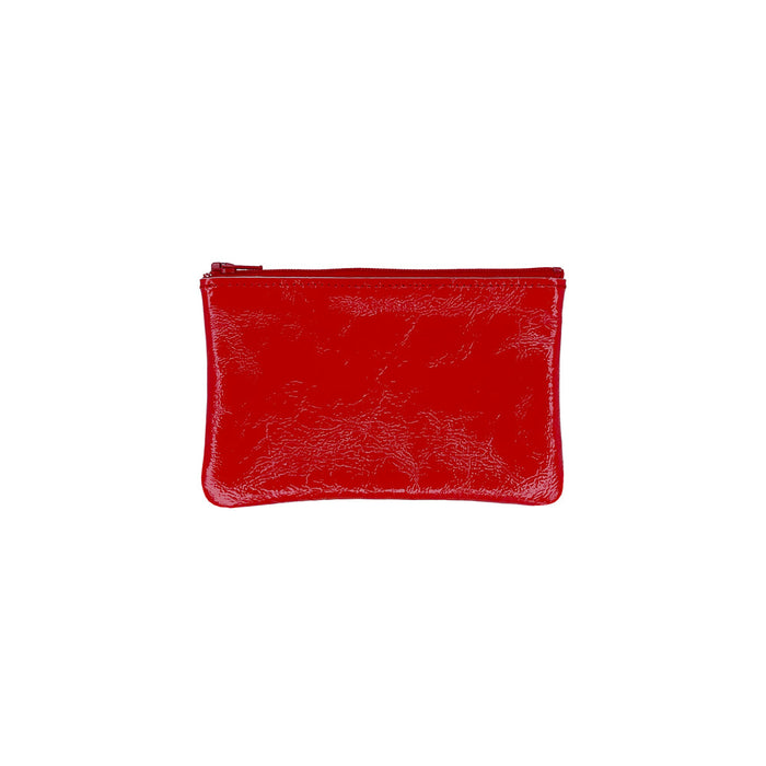 Vermilion red patent zip pouch with top zipper and flat base