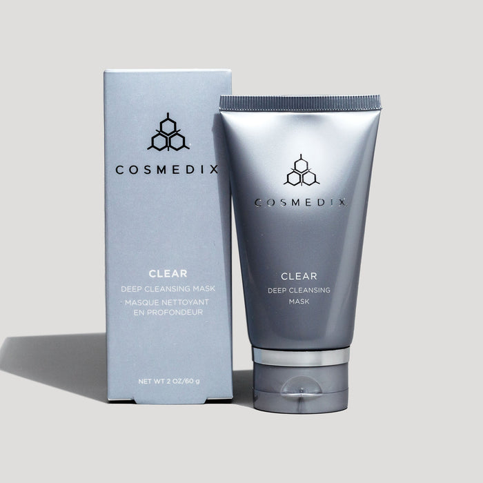 CosMedix Clear Deep Cleansing Mask box beside a matching silver tube with hexagon logo