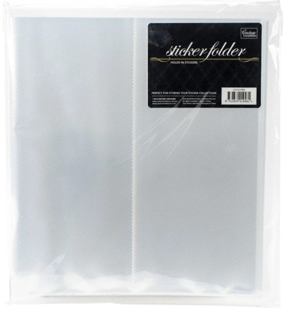 Couture Creations - Sticker Folder. Are you a fan of sticker sets? Then this sticker folder from Couture Creations is for you, with 48 convenient compartments you can store up to 96 standard sticker sheets! Fits stickers 4"x9" from Starform, Ecstasy Crafts and Peel Off's. Available at Embellish Away located in Bowmanville Ontario Canada.