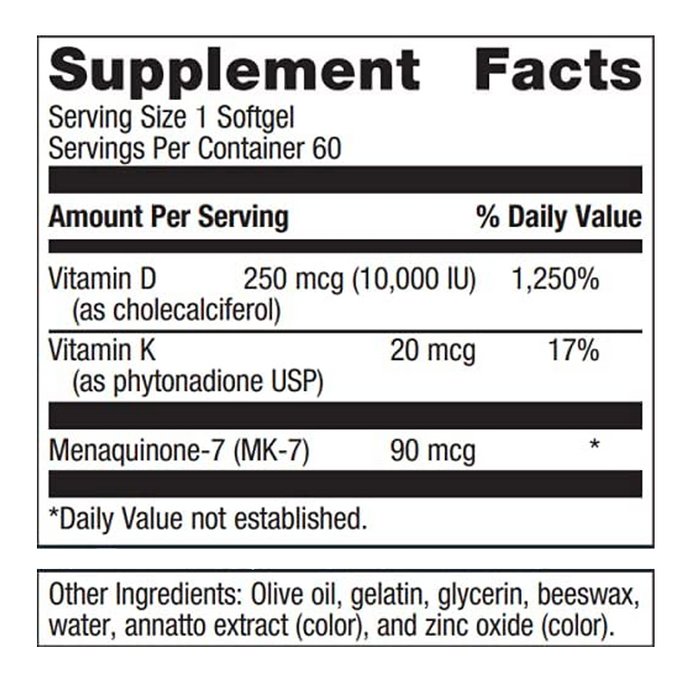 D3 10,000 + K by Metagenics Ingredients Label