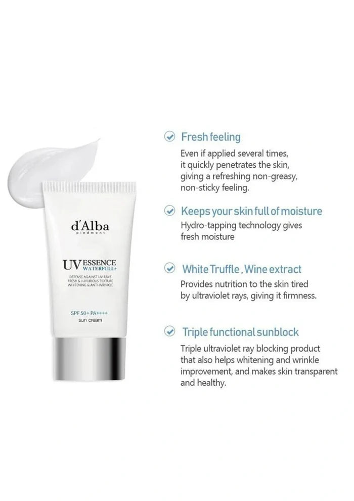 d'Alba UV Essence Moisturizer tube with product features on a white background