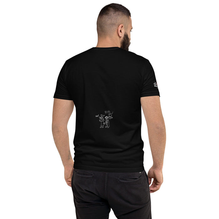 Man wearing a black t-shirt with a logo on the sleeve against a white background