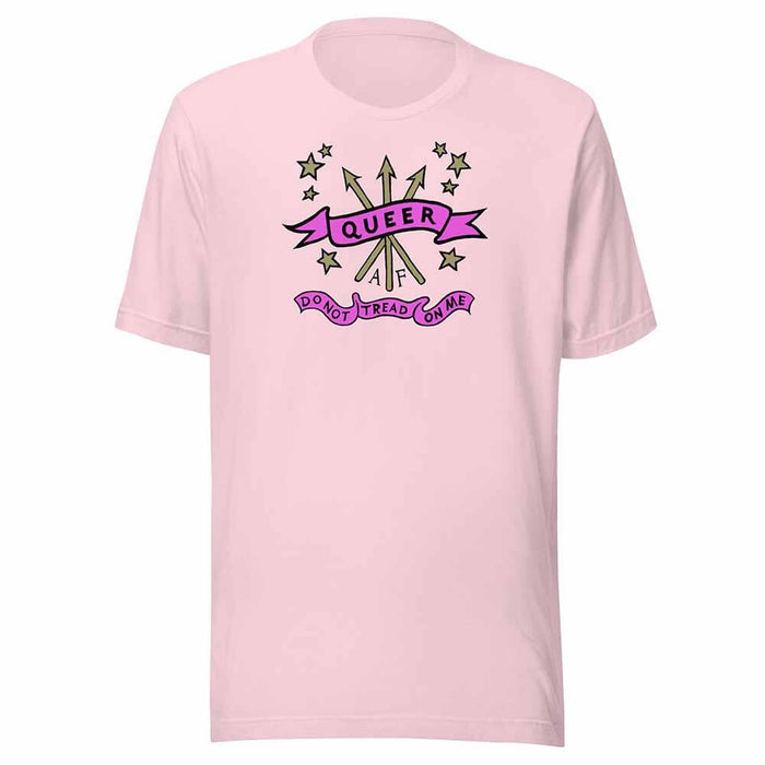light Pink t-shirt with 'Queer AF' graphic design on a white background