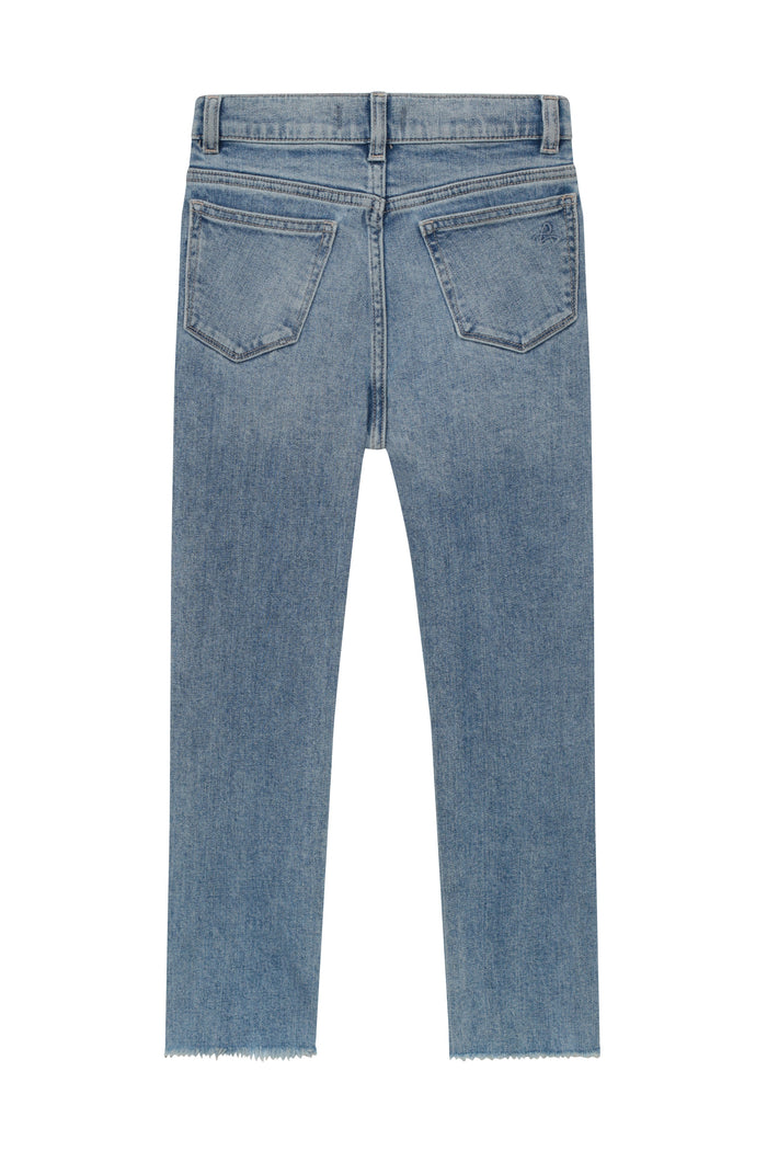 DL1961 girls' Emie Straight high-rise jeans in light blue 'Glacier', flat back view with five-pocket styling.