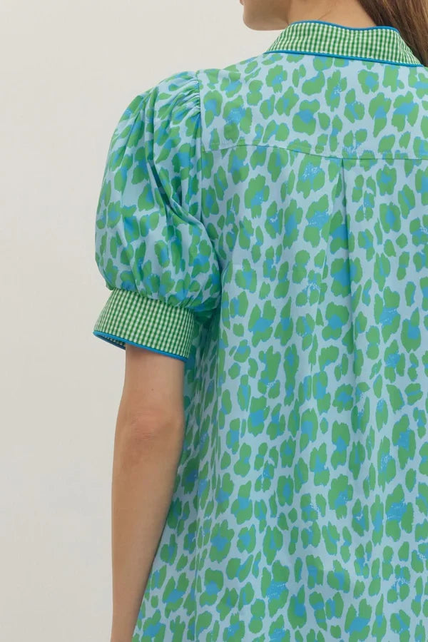 Entro Leopard Gingham Trim Midi Dress