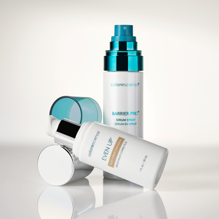 Collection of Colorescience skincare products on a light gray background || all