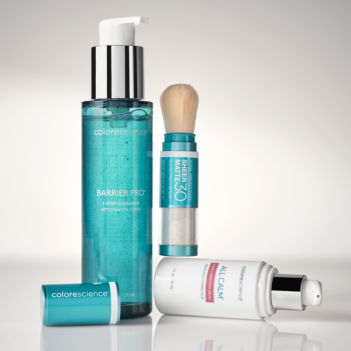 Collection of Colorescience skincare products on a light gray background || all