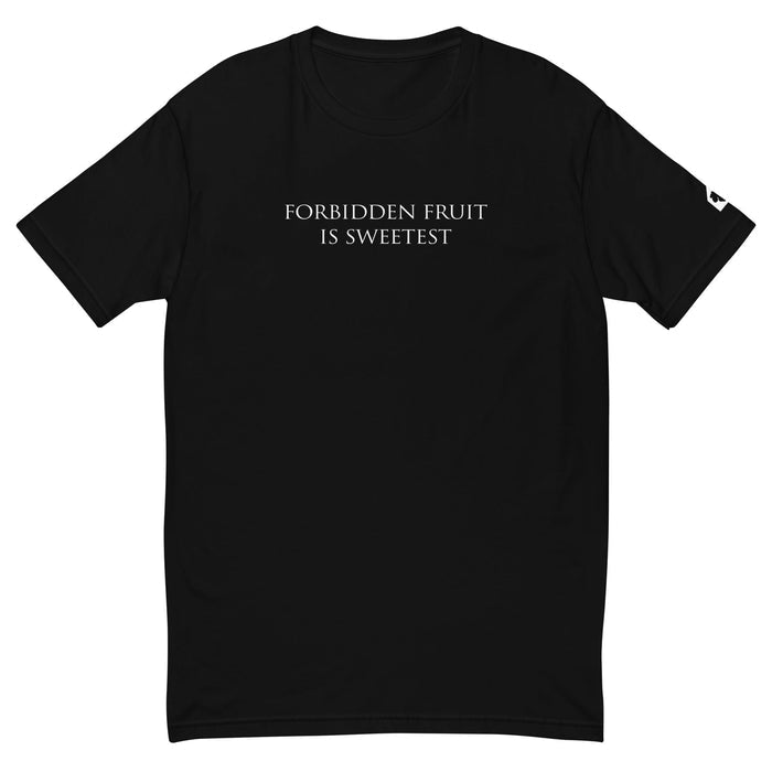 Black t-shirt with a small white logo on a white background