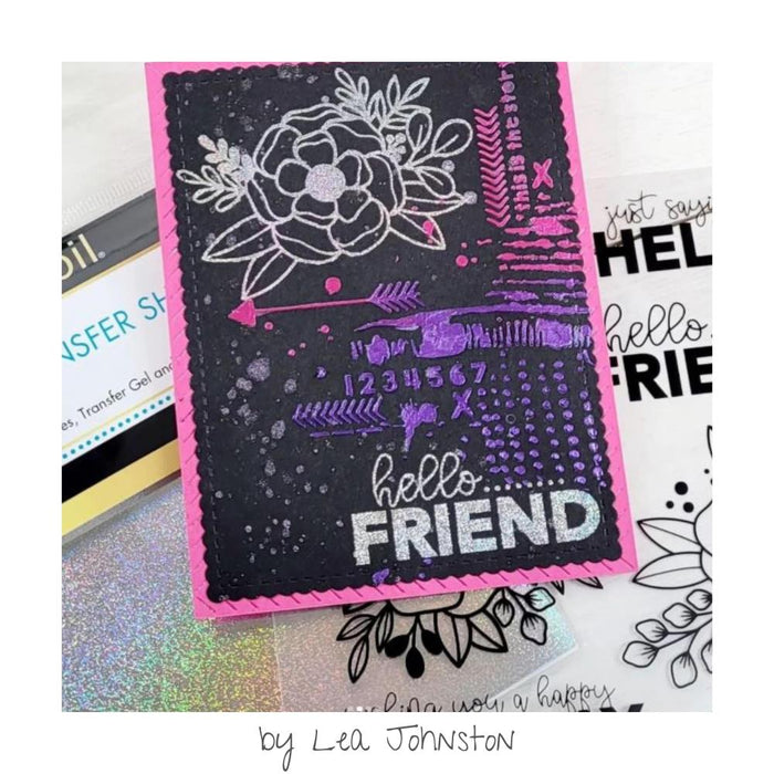 Gina K. Designs - Deco Foil Adhesive Transfer Sheets - Blooming Friendship. Make your mark with Deco Foil Adhesive Transfers designs and coordinating words in the signature Unity style. Available at Embellish Away located in Bowmanville Ontario Canada. Example by Lea Johnston.