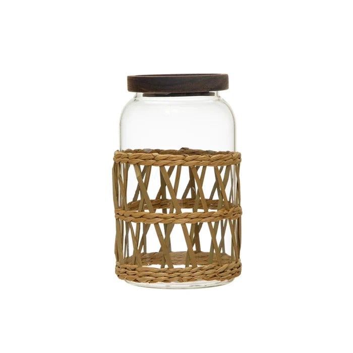 Glass Canister w/ Acacia Wood Lid & Woven Sleeve