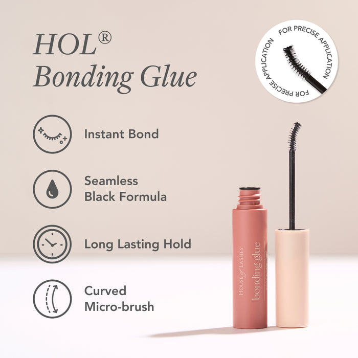 HOL Bonding Glue bottle with wand on right and feature icons for Instant Bond and Long Lasting Hold