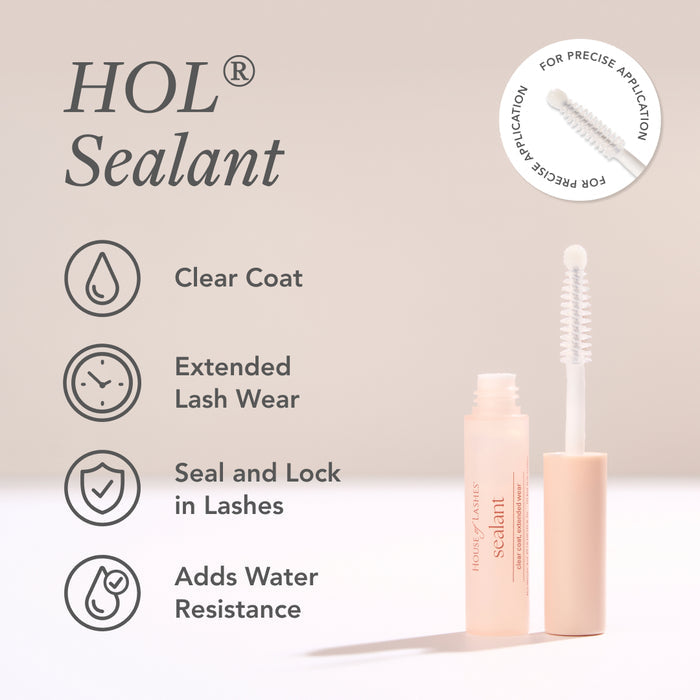 HOL Sealant product layout showing a pink bottle right and icons for clear coat lash wear and water resistance on the left.