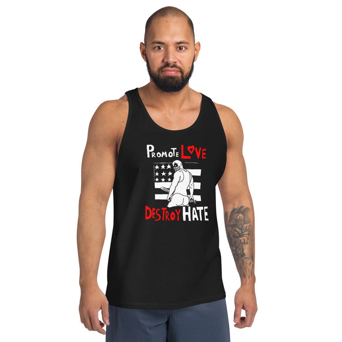 Man wearing a black tank top with a graphic design on a white background