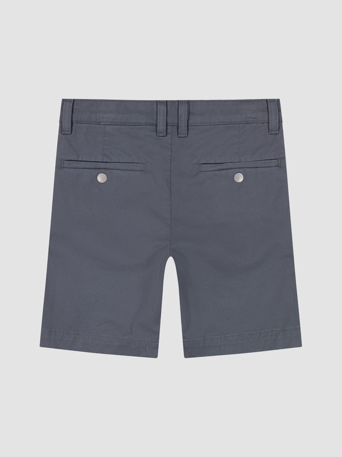 DL1961 boys' Jacob Chino Short in slate blue-grey twill 'Blue Clouds', flat back view.