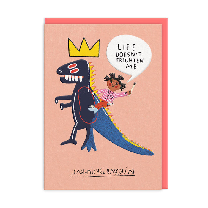 Greeting card with crowned blue character and βLIFE DOESN'T FRIGHTEN MEβ quote