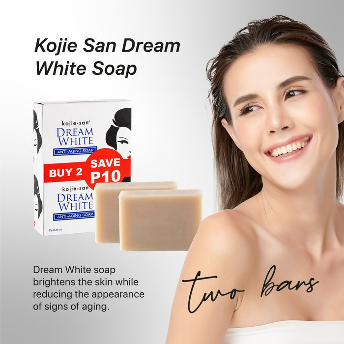 Kojie San Dream White soap two bars with box and smiling woman brightening anti aging soap