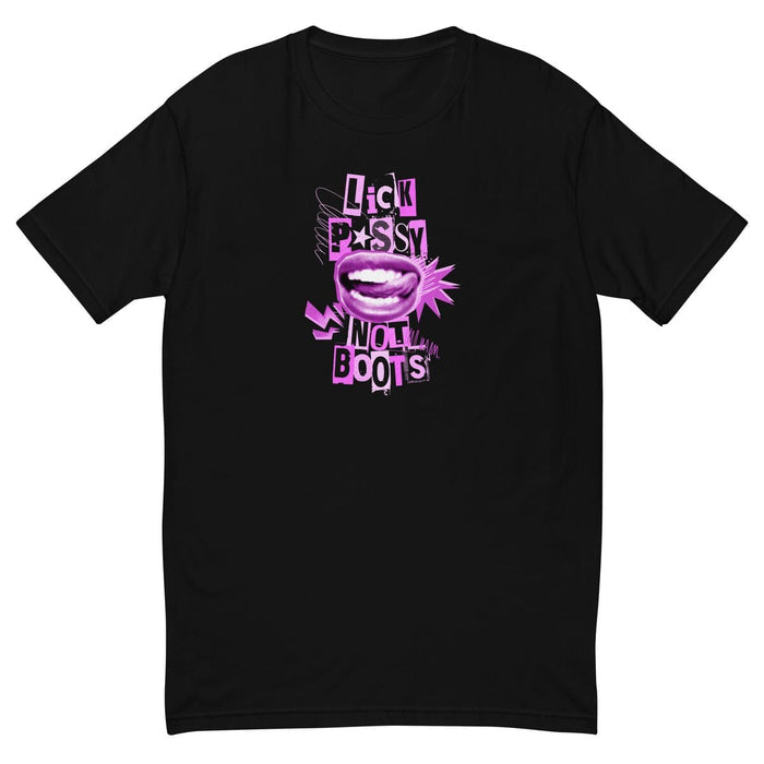 Black t-shirt with purple graphic design on a white background