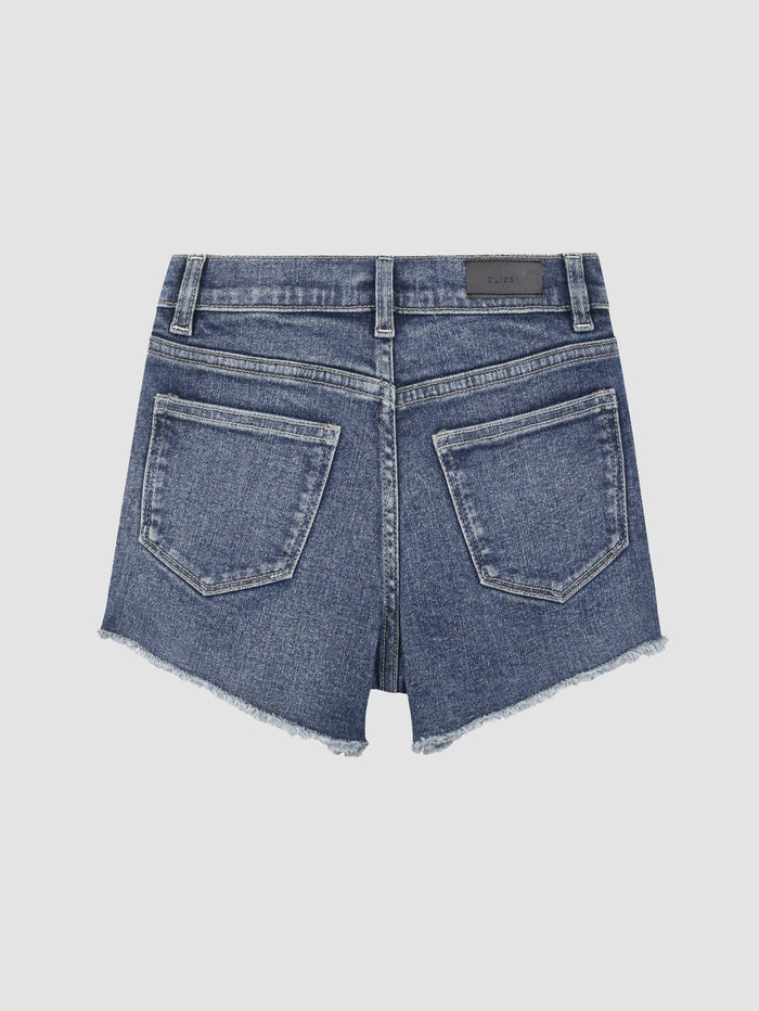 DL1961 girls' Lucy High Rise Cut Off shorts in dark blue 'Palmwood', flat back view.