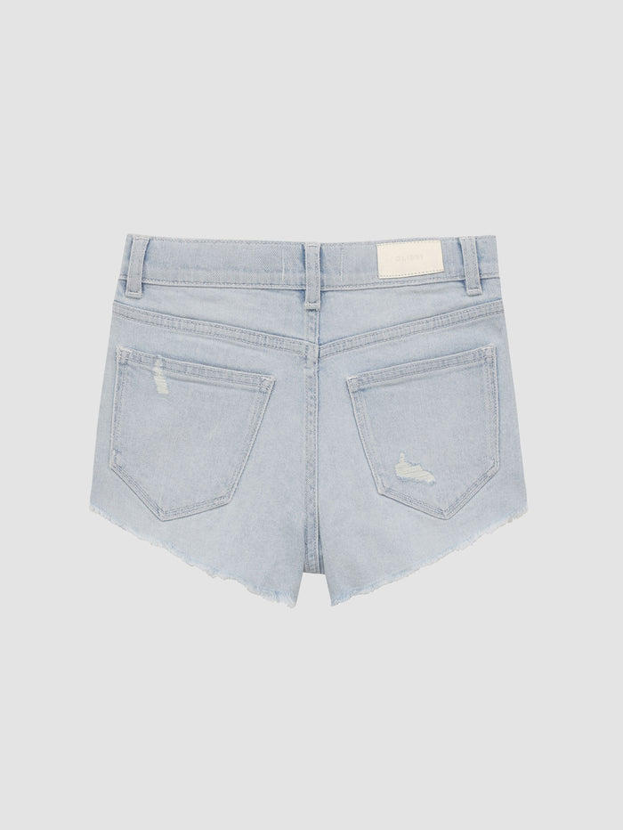 DL1961 girls' Lucy High Rise Cut Off shorts in light blue 'Poolside Distressed', flat back view.