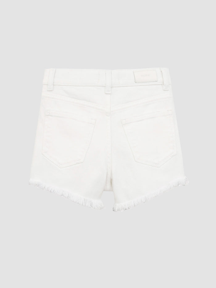 DL1961 girls' Lucy High Rise cut-off denim shorts in white 'White Frayed', frayed hem, flat back view.