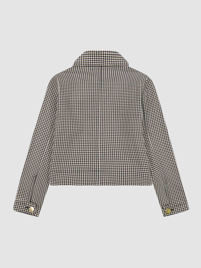 DL1961 girls' Manning jacket in black and white houndstooth 'Sweet Tooth', flat back view.