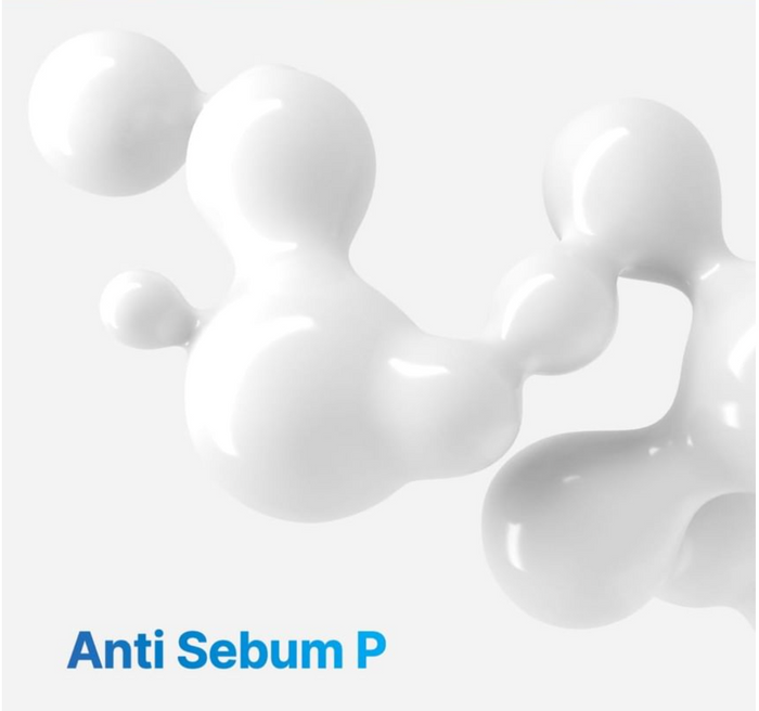 White molecular structures with 'Anti Sebum P' text on a light gray background