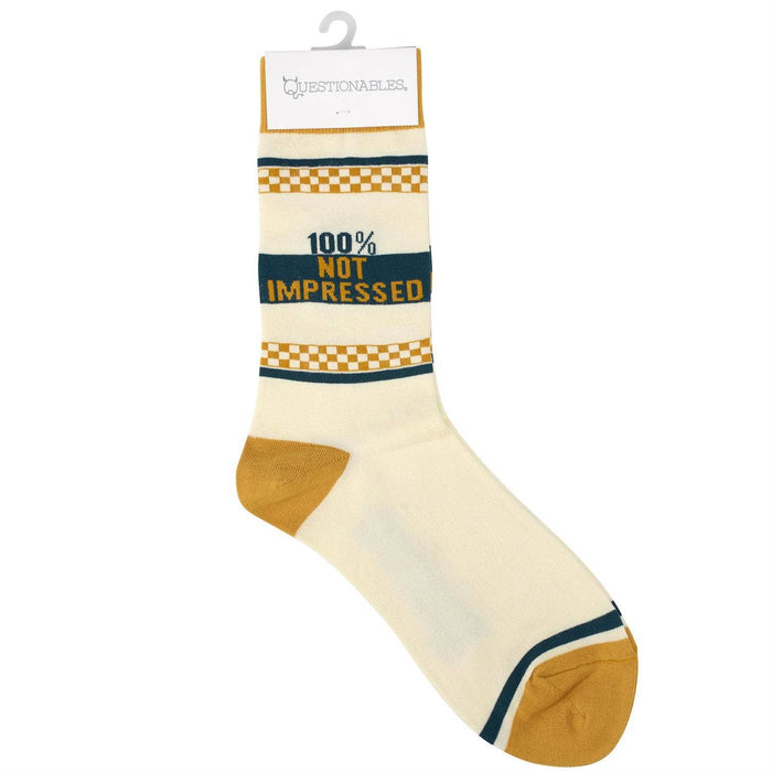 Questionables Not Impressed Socks featuring a humorous design with expressive facial expressions and vibrant colors.