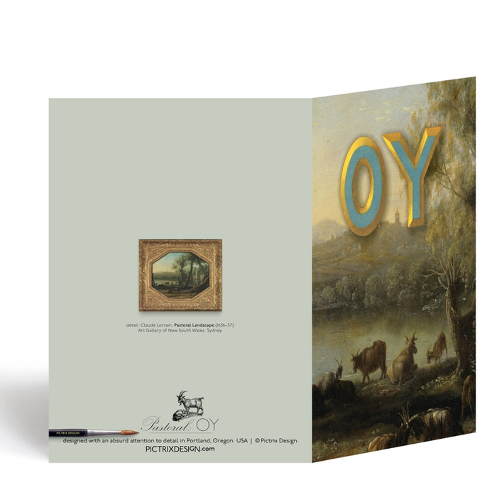 Greeting card showing countryside scene with inset details and βOYβ on cover panel