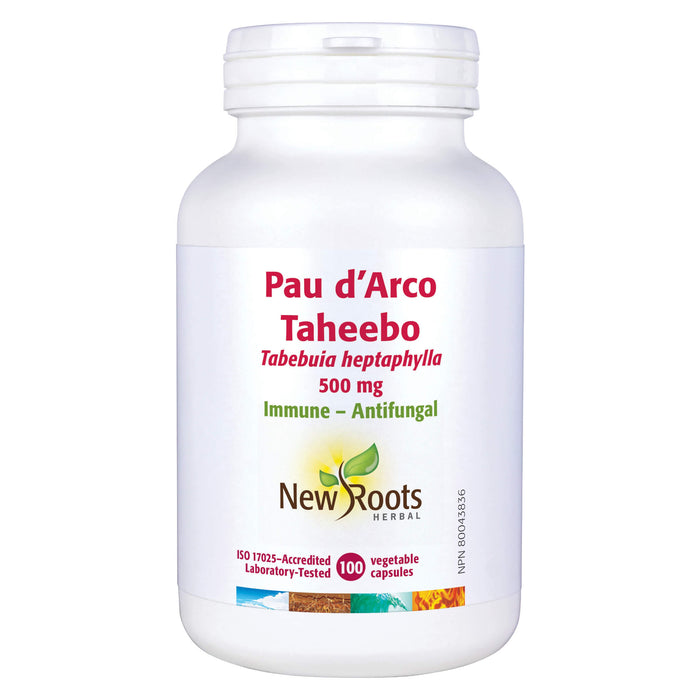 Bottle of New Roots Pau D'Arco Taheebo 500mg 100 Vegetable Capsules