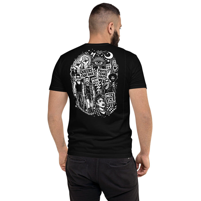 Man wearing a black t-shirt with a graphic design on the back, standing against a white background