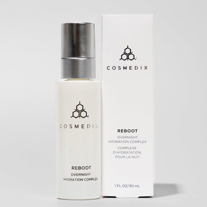 Reboot Overnight Hydration Complex bottle beside its white COSMEDIX box