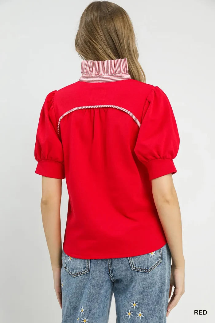 Red Striped Collar Popover Top
