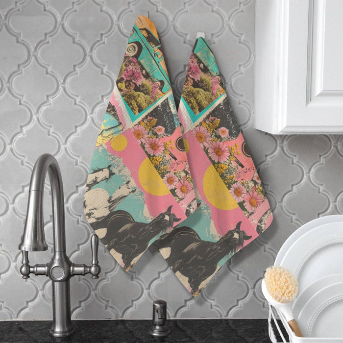 Retro Pop Western kitchen dish towel featuring colorful western-themed design, made by BAHA RANCH WESTERN WEAR.