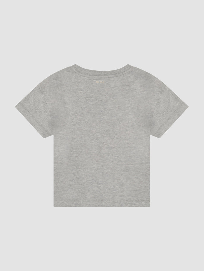 DL1961 kids' Short Sleeve Tee in heather grey, flat back view.