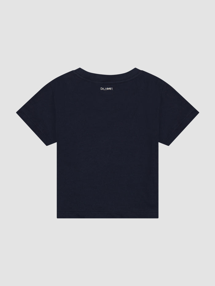 DL1961 kids' Short Sleeve Tee in navy 'Marine', flat back view.