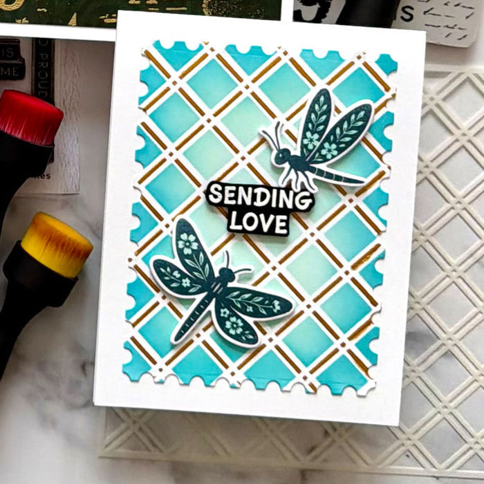Simon Hurley create. - Stencil 6X6 - Trellis - 3 Pieces. Available at Embellish Away located in Bowmanville Ontario Canada. Example by Simon Hurley.