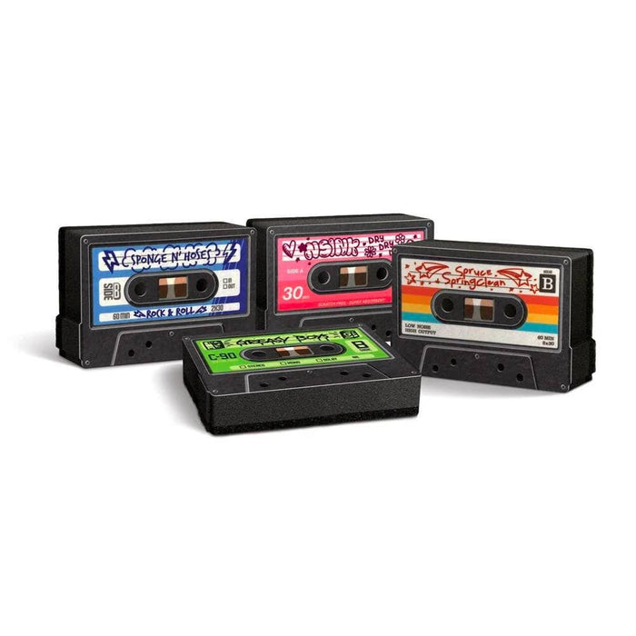 Set of four cassette-shaped sponges by Fred & Friends, colorful mix tapes design for kitchen cleaning.