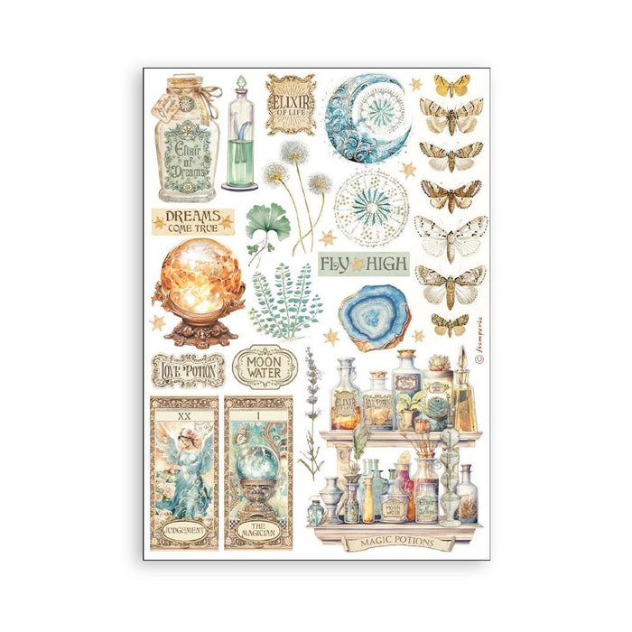 Stamperia - A5 Washi Pad - 8/Pkg - Fortune. The washi album is printed on 8 sheets of translucent washi paper, which is easy to cut. It works best on light surfaces. Available at embellish Away located in Bowmanville Ontario Canada.