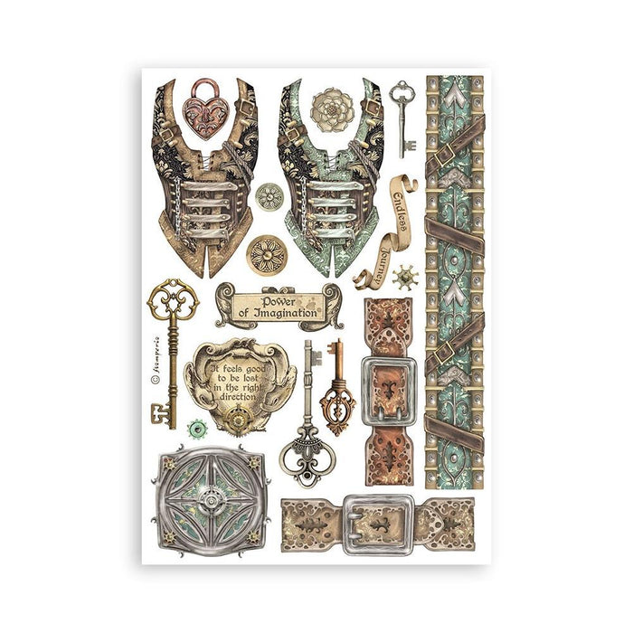 Stamperia - A5 Washi Pad - 8/Pkg - Sir Vagabond In Fantasy World. The washi album is printed on 8 sheets of translucent washi paper, which is easy to cut. It works best on light surfaces. Available at Embellish Away located in Bowmanville Ontario Canada.
