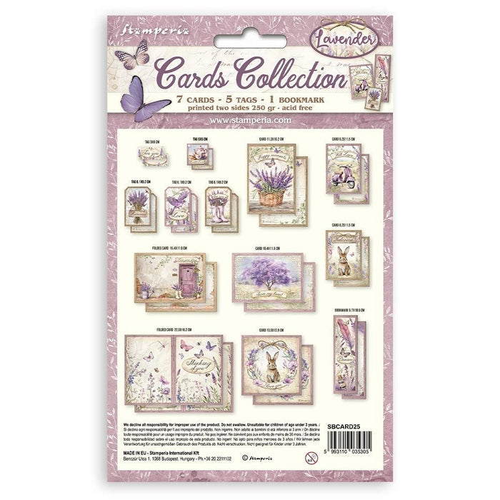 Stamperia - Cards Collection - Lavender. A beautiful card collection in a coordinating theme from Stamperia. Available in a variety of themes, each sold separately. This package contains seven cards, five tags, and one bookmark. Available at Embellish Away located in Bowmanville Ontario Canada.