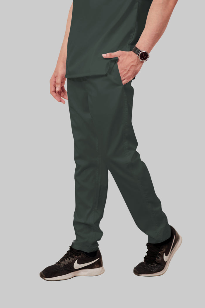 Stretchable (2Way) Men Bottle Green Mandarin With Straight Pant Scrub Set