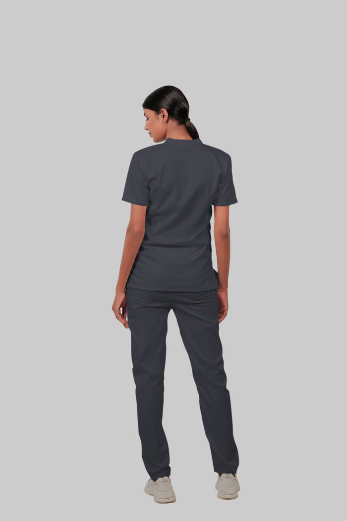 Stretchable (2Way) Women Dark Gray Mandarin Neck With Straight Pant Scrub Set